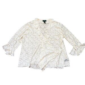 Lauren Ralph Lauren Women's Blouse Plus 3X Ivory Lace Sheer Ruffle Bell Sleeves